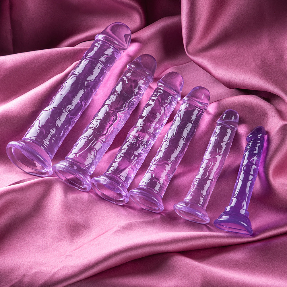 Egg-free transparent color crystal purple imitation penis female dildo TPE suction cup full range size injection molding factory