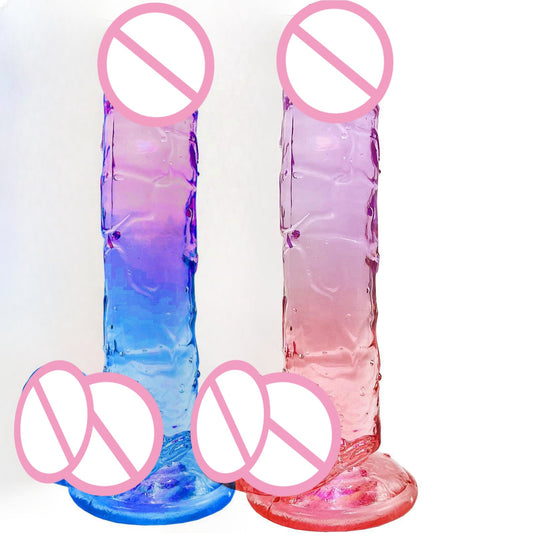Cross-border hot sale multicolored crystal jelly transparent simulation penis female gradual change dildo masturbation stick adult products