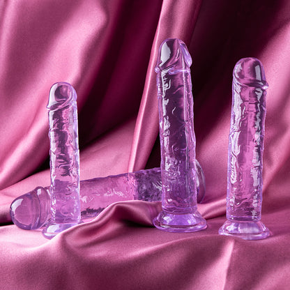 Egg-free transparent color crystal purple imitation penis female dildo TPE suction cup full range size injection molding factory